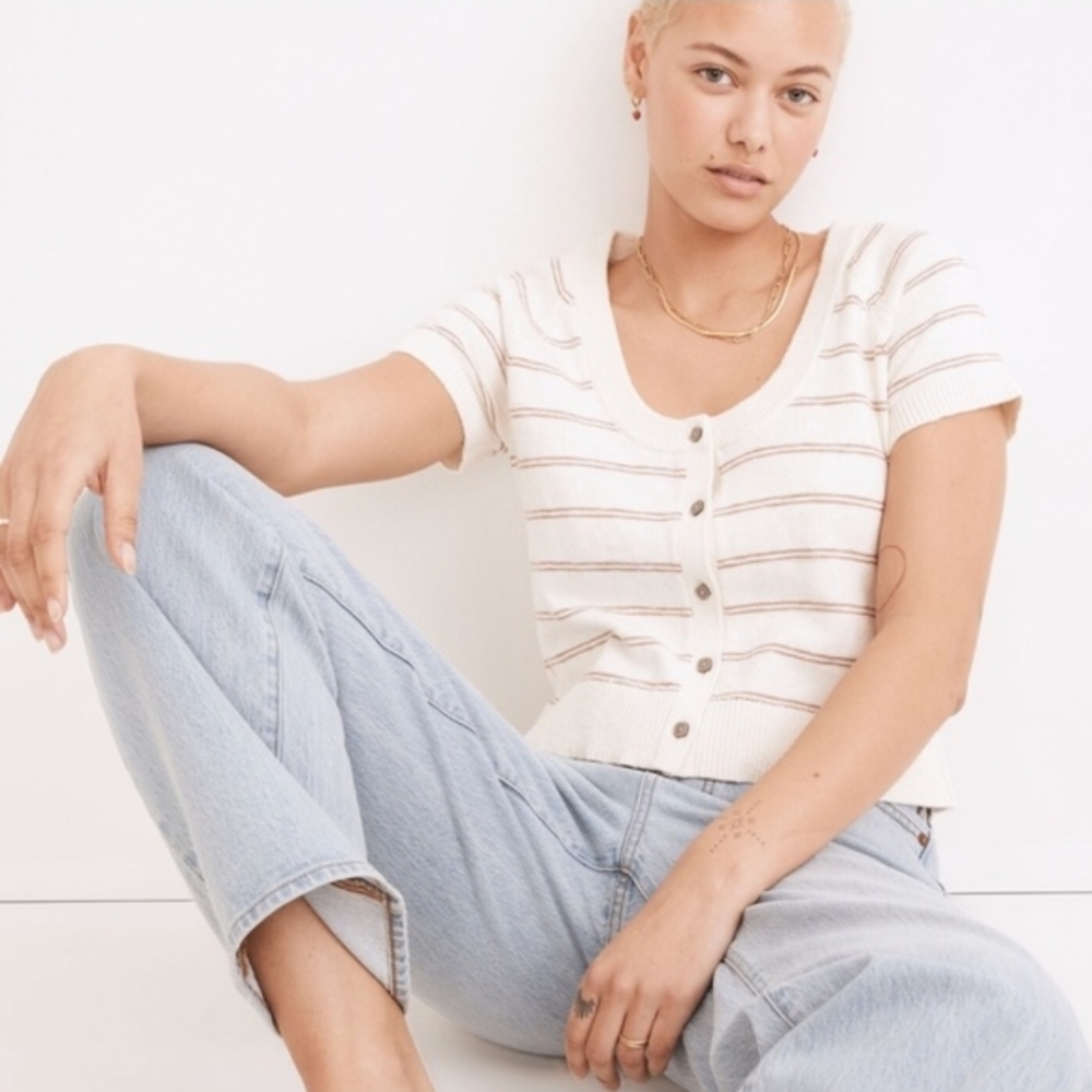 Madewell White and Brown Striped Linden Top
